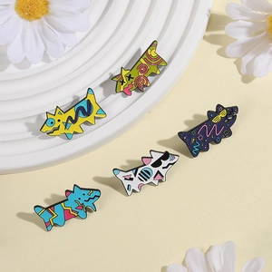 Set of 5 colorful artistic dog enamel pins with creative doodle patterns for trendy outfits