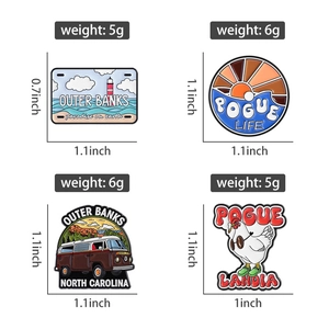 Detailed views of four Outer Banks themed enamel pins with precise size measurements
