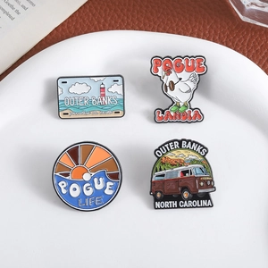 Outer Banks enamel pins set featuring Pogue Life lighthouse, rooster, and vintage van design