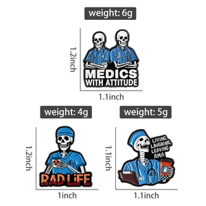 Detailed view of skull medical enamel pins set with humorous nursing slogans and measurements