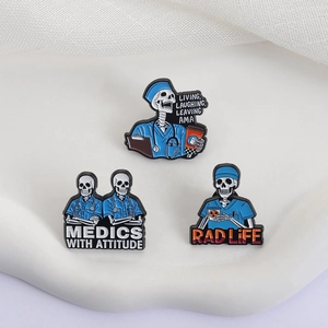 Skeleton medical enamel pins set with nursing scrubs and funny professional quotes