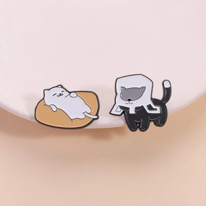 Cute Lazy White Cat Black Cat Enamel Brooches Cartoon Animal Zinc Alloy Painted Lapel Pins For Clothing Backpack Gift