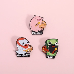 Cartoon Artist Enamel Brooch Pins Pigcasso Van Ghost Monet Banknote Palette Zinc Alloy Badges For Clothes Backpack Decor