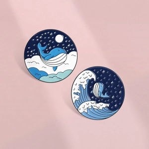 Cartoon Whale Enamel Pin Artistic Sea Waves Clouds Stars Round Badge Zinc Alloy Brooch For Backpack Clothing Accessory
