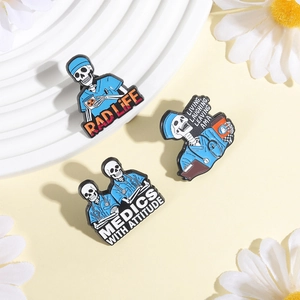 Detailed view of enamel badges featuring cartoon skeleton doctors in blue surgical scrubs