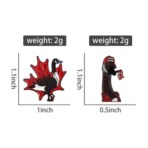 Detailed view of Canada Goose enamel pins featuring maple leaf and flag designs with dimensions