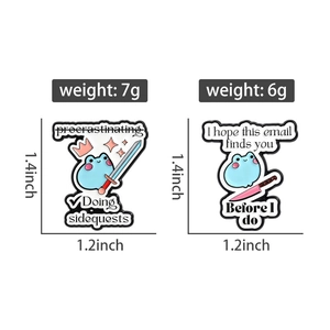 Detail view of cartoon enamel pins with weight and dimensions on white background