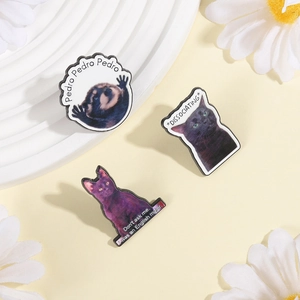 Détail du lot de pin's émaillés animaux rigolos avec raton laveur, chat noir et citations