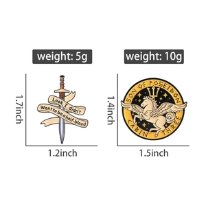Macro view of mythological pins showing Pegasus and sword details with precise measurements