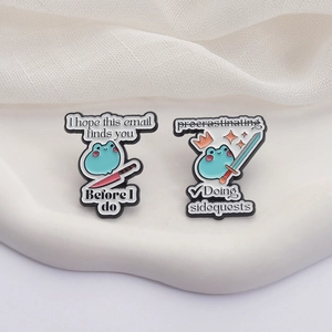 Funny blue frog enamel pins set with humorous work-related quotes for jackets