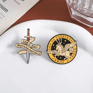 Percy Jackson enamel pin set featuring sword and Son of Poseidon cabin 3 design