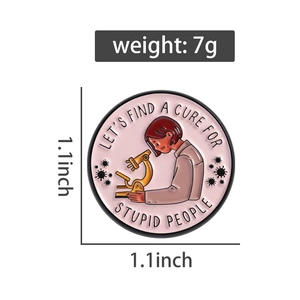 Detailed close-up of circular enamel pin featuring scientist and microscope design