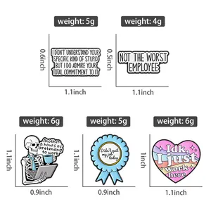 Detailed size and weight chart for five creative metal enamel work pins with funny quotes