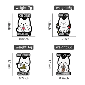 Detailed view of four white cat enamel pins with size and weight specifications