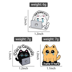 Detailed view of three cartoon office cat enamel pins with size and weight specifications
