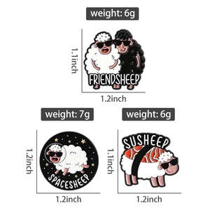 Detailed size and weight specs for cute enamel sheep pins including Sushi and Space styles