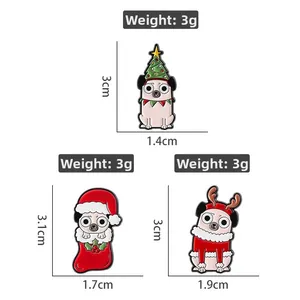 Especificaciones de tamaño y peso de pines de esmalte de carlinos navideños en set festivo