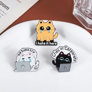 Funny corporate cat enamel pins set featuring three styles of crying office cats