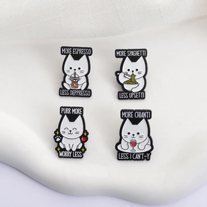 Funny cat enamel pins set featuring humorous pun quotes on textured white background