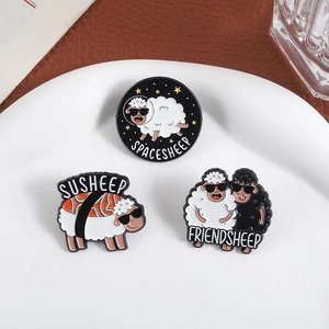 Creative cute cartoon sheep enamel pins set on ceramic plate with metal alloy texture
