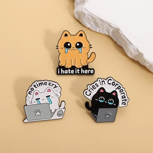Funny corporate emo cat enamel pins set featuring workplace quotes on a beige background