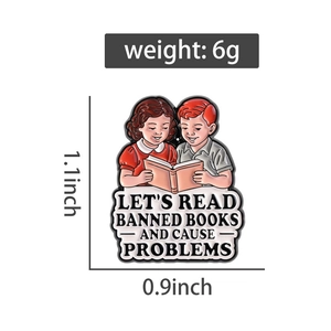 Detail view of LETS READ BANNED BOOKS enamel pin showing dimensions 1.1x0.9 inches