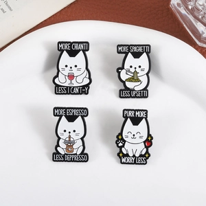 Set of four cute white cat enamel pins featuring fun feline dining and drinking scenes