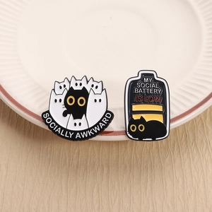 Funny cat enamel pin set with socially awkward battery low theme on ceramic plate