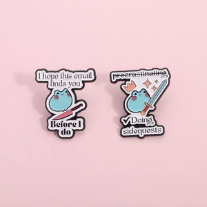 Funny cartoon frog enamel pins set featuring a sword and humorous social phrases