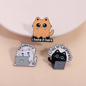 Funny Workplace Cat Enamel Pin Lacquer Zinc Alloy Cartoon Crying Cat Brooch Office Humor Lapel Badge For Clothes Decoration