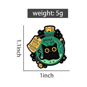 Detail view of black cat poison bottle enamel pin with 1.1x1 inch size specifications