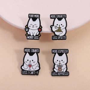 Set of four funny cat enamel pins with motivational quotes on soft pink background