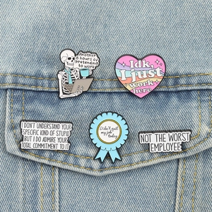 5-piece workplace humor enamel pins set featuring skeleton and heart on denim jacket