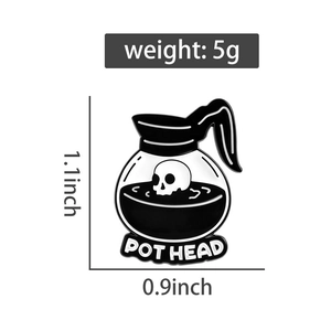 Macro view of Pot Head enamel pin showing 1.1 inch height and 0.9 inch width dimensions