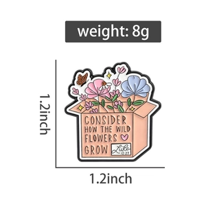 Detailed view of floral enamel pin box with scriptures and multi-color pastel flowers