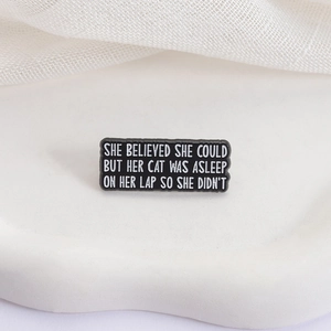 Funny cat enamel pin with black rectangle design and humorous quote for cat lovers