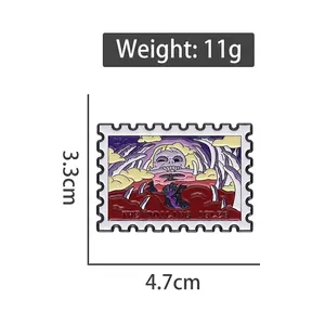 Cartoon Boiling Isles stamp enamel pin with skull mountain and ocean design dimensions