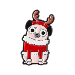 Festliche Weihnachts-Mops-Emaille-Anstecknadel mit Rentiergeweih und Outfit