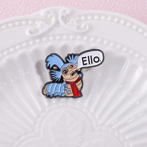 Labyrinth worm enamel pin featuring blue fur and red scarf with Ello speech bubble