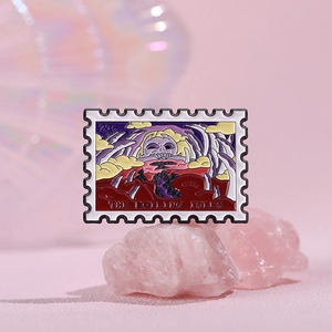Stamp-shaped enamel pin featuring The Boiling Isles landscape with bone skeleton design