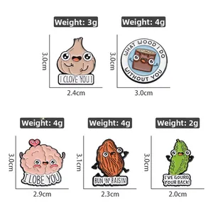 5er-Pack lustige Emaille-Pins mit Gemüse-Cartoons und Wortspielen auf weißem Hintergrund