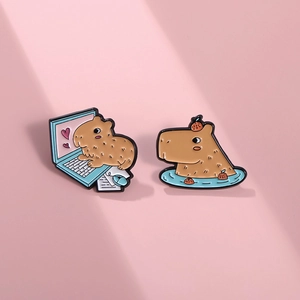 Cute Capybara enamel pins set featuring a laptop user and yuzu bath design for clothes