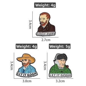 Vue détaillée des pin's émaillés Van Gogh avec citations drôles et dimensions