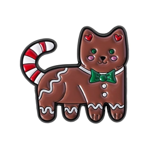 Lebkuchen-Katze Emaille-Anstecknadel mit grüner Schleife und roten Herzohren