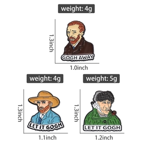 Three creative Van Gogh enamel pins with oil painting style designs and dimensions