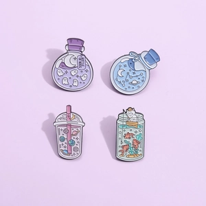Cartoon Potion Bottle Cat White Ghost Enamel Brooch Pin Alloy Planet Stars Milk Tea Cup Lapel Pin Badge Backpack Jewelry