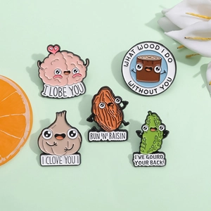 Cartoon-Emaille-Pins Set mit lustigen Wortspielen aus Gemüse auf grünem Grund