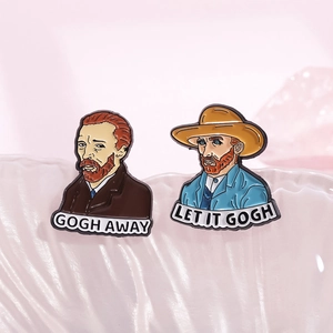 Creative Van Gogh enamel pin set with Gogh Away and Let it Gogh humorous quotes
