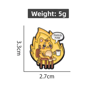 Detail view of This Is Fine meme enamel pin showing 3.3cm height and 2.7cm width dimensions