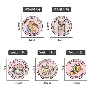 Five cartoon animal enamel pins set featuring bears and sloths with humor quotes